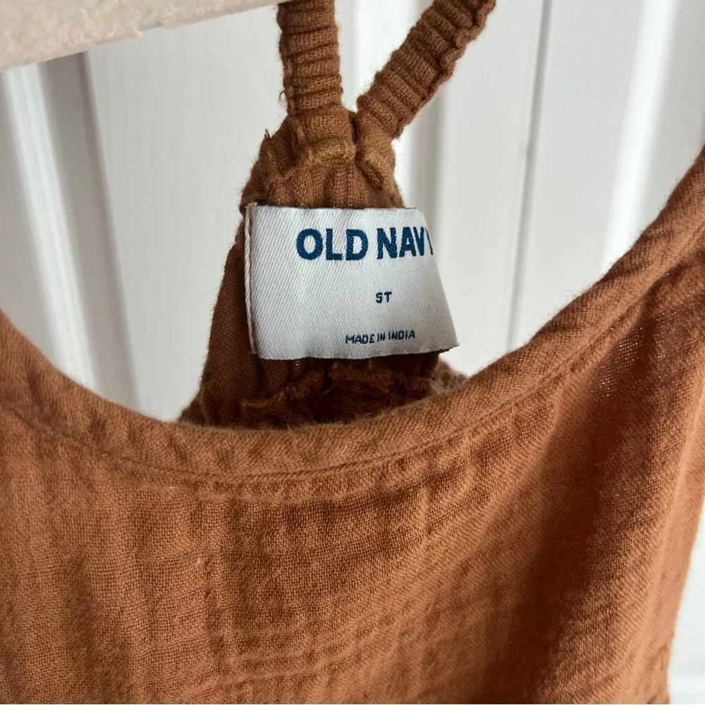 Old Navy Tan Brown and Gold Muslin Cotton Rompers